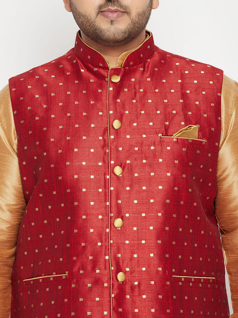 Vastramay Men's Plus Size Rose Gold Zari Weaved Nehru Jacket With Curved Kurta Dhoti set